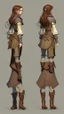 Placeholder: turnaround frontal view, side view and back view, character of a girl, realistic style, brown hair, she wears fantasy medieval clothes, she is slim, full body with boots