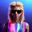 Placeholder: Shakira, artist, 30 years old, Realistic image, waist up portrait, etro style dress. Gucci sunglasses. Blonde, loose long hair, eyes make up, perfect, glow, circle iris. Neon colors, leds, geometric shapes. Dark background, neon lights. Cyberpunk, concept art, smooth, unreal engine 5, god lights, ray tracing, RTX, lumen lighting, ultra detail, volumetric lighting, 3d, finely drawn, high definition, 4k.