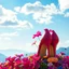 Placeholder: beautiful heels full flowers colorfull ,blue sky pretty clouds ,some strange flowers with heart love sumbol ,wonderfull mountains at distance