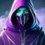 Placeholder: purple galaxy masked hooded super villain, weapons in hands, teal and purple smoke, full portrait, hyper realistic, 4k