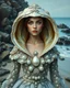 Placeholder: Create a fantastical image of a young beautyful woman in an elaborate dress resembling the interior of a pearl oyster, specifically a Pinctada, with rocks on the seashore in the background. An oil painting in the style of ultrarealism. The collar of the dress, like a hood, encloses the large, open jaw structures of the shell and the deep pearly interior, mimicking this bivalve. The person is also decorated with detailed patterns and textures that give the appearance of an aquatic creature, enhan