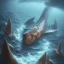 Placeholder: sea dinosaur from the past under ship wreck in storm between cliffs, book cover, fantasy art, sandy beach, water, reflection, misty, detailed