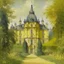 Placeholder: A light yellow heavenly chateau with halos painted by Claude Monet