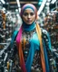 Placeholder: potrait cinematography colors a beautiful face woman hijab humanoid hijab robot mechanical walking in between two rows of complex machinery with vibrant colors