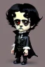 Placeholder: black haired black eyed young man necromancer steampunk goth Gnome that looks like a young Edgar Allan Poe with gothic jewelry in the style of Charles Addams