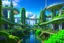 Placeholder: A futuristic alien city, with balconies, verandas, many arches, bridges, spires, paths, trees, dense foliage, Spanish moss, ivy, river, blue sky, white clouds