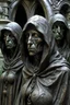 Placeholder: sculpture of a scary hooded witches . Multiple faces . decayed and rotting with grotesque proportions and imagery. abstract grotesqueries, detailed texture, surreal horror, biomechanical design, by hr giger and beksinski