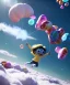 Placeholder: Ultra realistic speed clouds sky scene, wide angle view, sweet childs falling down, inflatable color clothing, free jumping flying, many trinkets, hair monster, many jelly beans, balls, color smoke, smile, happy, circus style, extreme, wind, clouds sea, 20,000 feet altitude, stratosphere, soft color, highly detailed, unreal engine 5, ray tracing, RTX, lumen lighting, ultra detail, volumetric lighting, 3d, finely drawn, high definition, high resolution.