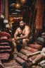 Placeholder: close up photography of a burly beefy strong 35-year-old arab in Istanbul bazaar, shirtless, selling carpets sitting on a pile of carpets, biig shoulders, manly chest, very hairy, side light, view from the ground