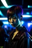 Placeholder: Cyberpunk gang member Japanese woman, short hair, at a night club,