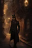 Placeholder: man in dark clothing, hiding around a corner., looking out on a brightly lit steampunk street