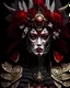 Placeholder: Voidcore shamanism woman portrait adorned with decadent rainy white samanism red and black gladiolus headdress wearing metallic irridescent bioluminescense red and vantablack and wite decadent filigree Golden floral embossed chestnut floral dress armour ribbed with mineral stones wearing half face metallic rococo masque organic bio spinal ribbed detail of transculent metric pearl shell colour petals glittering Extremel detailed hyperrealistic maximálist concept portrait art