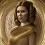 Placeholder: hyperspace background, complete and photo realistic detailed head to waist stunning photo realistic portrait of carrie fisher as Princess Leia in star wars with photo realistic wedding hairstyle by Mandy Jurgens and mucha and Richard Schmid and chuck close and chie yoshii, extraordinary and detailed ceremony dress of star wars,brown eyes