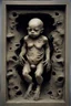 Placeholder: sculpture of a baby with multiple faces and limbs. decayed and rotting with grotesque proportions and imagery. abstract grotesqueries, detailed texture, surreal horror, biomechanical design, by hr giger and beksinski