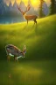 Placeholder: the foreground, a deer on a forest hillside overlooking a lake. Bathed in sunshine, with a lush green meadow, a winding river, and a towering mountain range in the distance. Warm sundown glow, golden hour. Ultra-detailed, with every blade of grass and every leaf rendered in perfect clarity. The colors are vibrant and saturated, with a dreamy, ethereal quality. Stained glass effect. Modifiers: photorealistic award winning cinematic postprocessing watercolor Ink drawing Steve Hanks Nicoletta Cecc