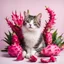 Placeholder: A cat surrounded by dragon fruits on a light background for removal