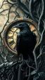 Placeholder: An old clock in the background of black vein, human veins, mixing together a lot of them, like a forest, big and small veins a lot of them, a crow standing an old army helmet
