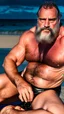 Placeholder: full figure shot photography of a ugly burly beefy serious sweat marocan baywatcher on the beach, at midnight, 55 year old man, relaxing , shirtless, manly chest, beard, curly hair , laying down on the sand, lit by bonfire, swimwear, bulge, bullneck, manly tights, sharp focus, studio photo, emotive eyes, intricate details, highly detailed, photorealistic, side top view