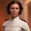 Placeholder: stunning half-body portrait photo of princess leia from Star Wars played by Carrie Fisher, hazei iris, wlop, artgerm, akihiko yoshida, and liang xing, detailed face, doe eyes, intricate braided hair style, symmetrical eyes, trending on artstation, highly detailed, white dress, dynamic pose, intricate outfit, space ship and galaxy background