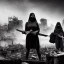 Placeholder: women, faces covered in black masks, ragged clothes, holding flag, realistic, Life Magazine photgraphy, war-torn, destroyed city in the background, 8k resolution, hyperrealistic, detailed matte painting, b&w, dynamic lighting, war, anarchy, rebels, terrorists