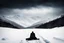 Placeholder: in the distance side a wiev a figure in dark clothes and long black leather coat lies on his back in the snow and looks the sky in a winter landscape, alone, white snow, high contrast, cold, winter, mountains, white, blue, gray and black colors, cinematic, atmospheric, dark, gloomy, best shot