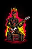 Placeholder: A robot terminator with a red punk crest playing bass, black background, flames all around him.