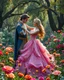 Placeholder: Beautiful Princess Romantic dancing salsa with handsome prince in Wild garden, flower beds, fractal ornamentation, over detailed, gloriously full and confusing, nothing that really exists, everything made up, fantasy world, sweet briar, photography graphic art, song birds, ochre rose, rose buds, dewy morning, forest of oaks,