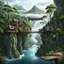 Placeholder: rany day, close ap a visible from the side one massive wooden bridge connects the over two gorge, between two tall rocky shores, sprawling, tall thick alien trees on both shores, log wooden houses in the distance in the background, rainy landscape, lush vegetation , massive trees,, high detailed, fantasy, high photorealistic, cinematic