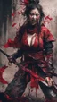 Placeholder: Tall girl samurai, face distorted with pain, screaming, tears streaming from eyes, siting pose, fullbody, splashes blood, behind guts rising from the ground, intricate, darkred tones, macro photography,