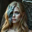 Placeholder: a portrait of an attractive blonde fantasy woman who is half human and half gargoyle, her face is partially made of stone, digital art