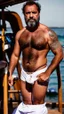 Placeholder: photography of a burly marocan fisherman sunbathing sitted in a fisher wooden boat, in little white french briefs, tattoo, manly chest, ugly, 54 years old, bullneck, white long beard, short hairs, muscular chubby, angry eyes, photorealistic, Canon EOS, 8k