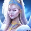 Placeholder: portrait of a beautiful mongolian woman with an angel face smiling,long blond hair, blue eyes, pink and blue dress, jewels, soft light aura