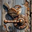 Placeholder: Small brown wren with intricate feathers perched on a weathered barn door, the door is cracked and rotting with a rusting handle, intricate woodgrain patterns with peeling paint, rusted bolts, deep textures, acrylic art, highly detailed