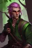 Placeholder: Male wood elf, rogue assassin, light brown skin, bright green eyes, mauve hair, sneaky, trees, stoner, long bow, black leather straps, disheveled, smoking