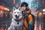 Placeholder: cute Asian guy, dark short hair, wearing headphones, modern Chinese city, husky dog on a leash, Wednesday Adam in 8k anime cgi drawing style, Adam family them, , neon effect, close picture, rain, highly detailed, high details, detailed portrait, masterpiece,ultra detailed, ultra quality