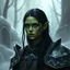 Placeholder: A digital illustration shoot from a portrait camera angle about a portrait of a young orc woman with dull green skin. In the middle of the image, a 20 years old orcish woman, appears to be looking at the viewer lost in thought. she has long black hair and is wearing armour. Fantasy, ice, magic, vampire