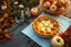 Placeholder: Apple pie on a rustic wooden table, flaky crust glistening with butter, freshly baked, rising steam, surrounded by autumn leaves and daisies, sage, soft focus in the background, shot from above, late evening sun casting warm highlights and elongated shadows, fresh apples lying in a basket, hyper-realistic golden hour lighting, aperture f 2.5