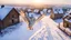 Placeholder: angel's view back to the camera a barn owl seen from the back from the top view flying over a winter small village, snowy landscape, little light, sunrise, some small Hungarian old country houses from above, perspective, high detailed, sharp focuses, photorealistic, cinematic