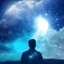 Placeholder: man like The Prophet Muhammad, looks to the sky with cloud and star , and he walk on sky and cloud, with walk to big door , and open it with effect of Cinematic lighting, realistic