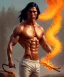 Placeholder: native american warrior, long black hair, dancing on top of fire, big muscles, shirtless, 8k resolution concept art portrait by Greg Rutkowski