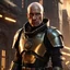 Placeholder: star wars bald male corellian pilot wearing pearlescent black and gunmetal grey First Order special forces heavy assault stealth commando armor and helmet with gold trim inside the jedi temple, hyperdetailed, dynamic lighting, hyperdetailed background, 8k resolution, volumetric lighting, light skin, fully symmetric details