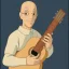 Placeholder: Portrait homme nain chauve, joue de la guitare, jambe de bois