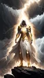 Placeholder: Around a figure in a white robe with golden armor elements who has no face, many lightning flashes, the figure is engulfed in a blinding light, epically standing on a rock in the middle of lightning and a gloomy sky