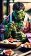 Placeholder: a hulk eating sushi with chopsticks, wearing a colorful kimono, moody good lighting, best quality, xt3, outdoor, beautiful light, raw photo, 8K UHD