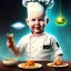 Placeholder: a happy human baby chef called toby with no hair,halo, wings, drinking, sitting in chair, photo realistic spray painting, dark wood background, book cover illustration