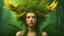 Placeholder: punk 45 years old, forest on head, plant hair, green plants, bright colors, golden birds, golden makeup, tattoo, shiny aura, very detailed, fine rendering, high detail, high resolution, 8K