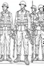 Placeholder: Outline art for coloring page OF A SET OF TOY ARMY SOLDIERS, coloring page, white background, Sketch style, only use outline, clean line art, white background, no shadows, no shading, no color, clear