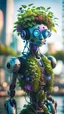 Placeholder: a full body portrait of a vegan hippie cybernetic robot made of living plants in all colors, and having a sentient look in its eyes, like a buddha, on a glass pier,bokeh like f/0.8, tilt-shift lens 8k, high detail, smooth render, down-light, unreal engine, prize winning