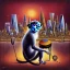 Placeholder: A monkey playing the drums, london skyline at night, in the style of Salvador Dali