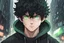 Placeholder: Anime young man with bright green eyes, superpowers, and a black hoodie, he also has short black curly hair with light green highlights, he’s in the city it’s a rainy dark city